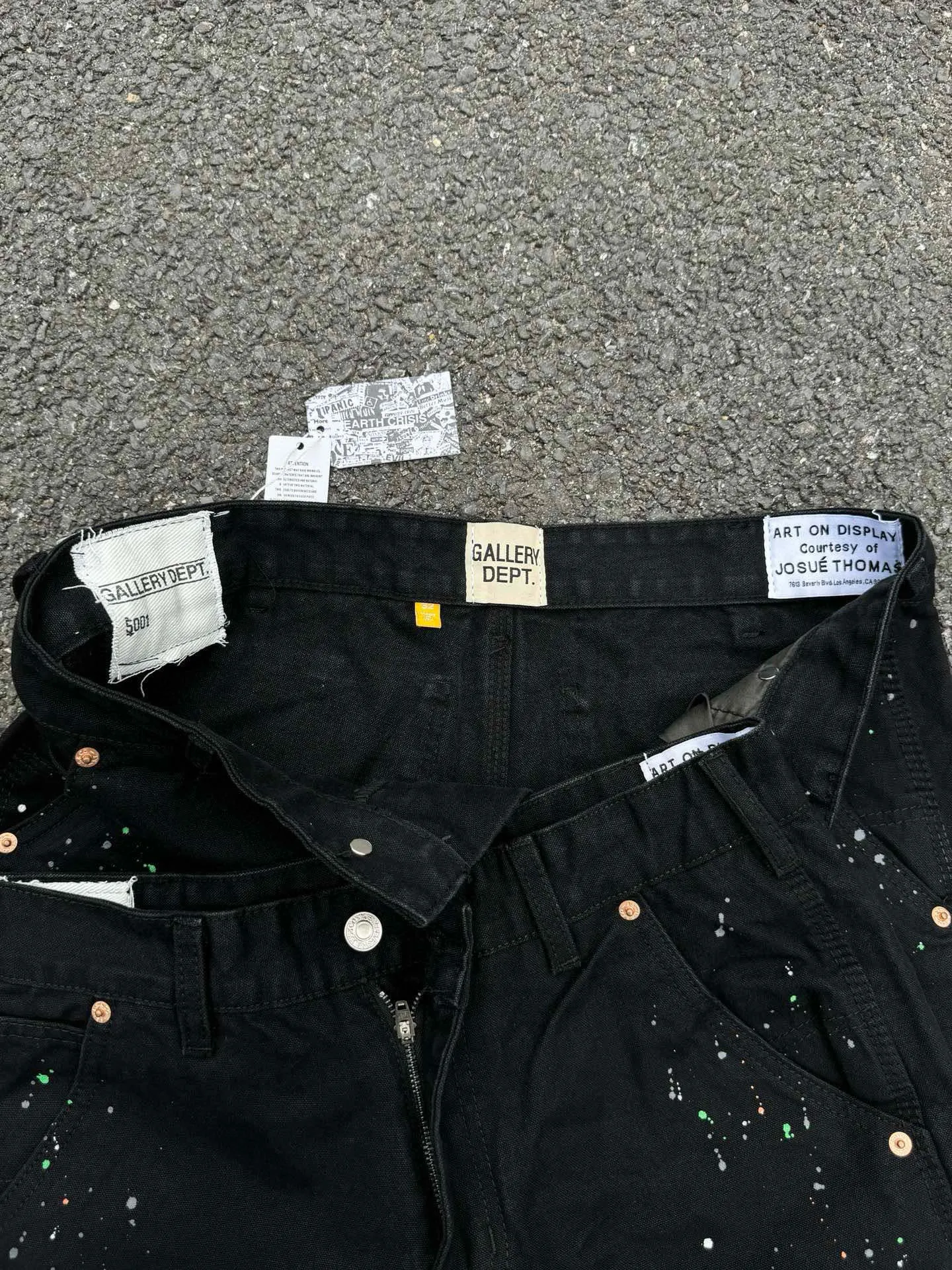 -Size upper body P220#G33 GALLERY DEPT. Spliced ​​washed retro jeans for men and women, high street splash-ink pants, micro-flared casual trousers, trendy couple, same style. Color: black. Size: S-XXL (corresponding to 28-36)